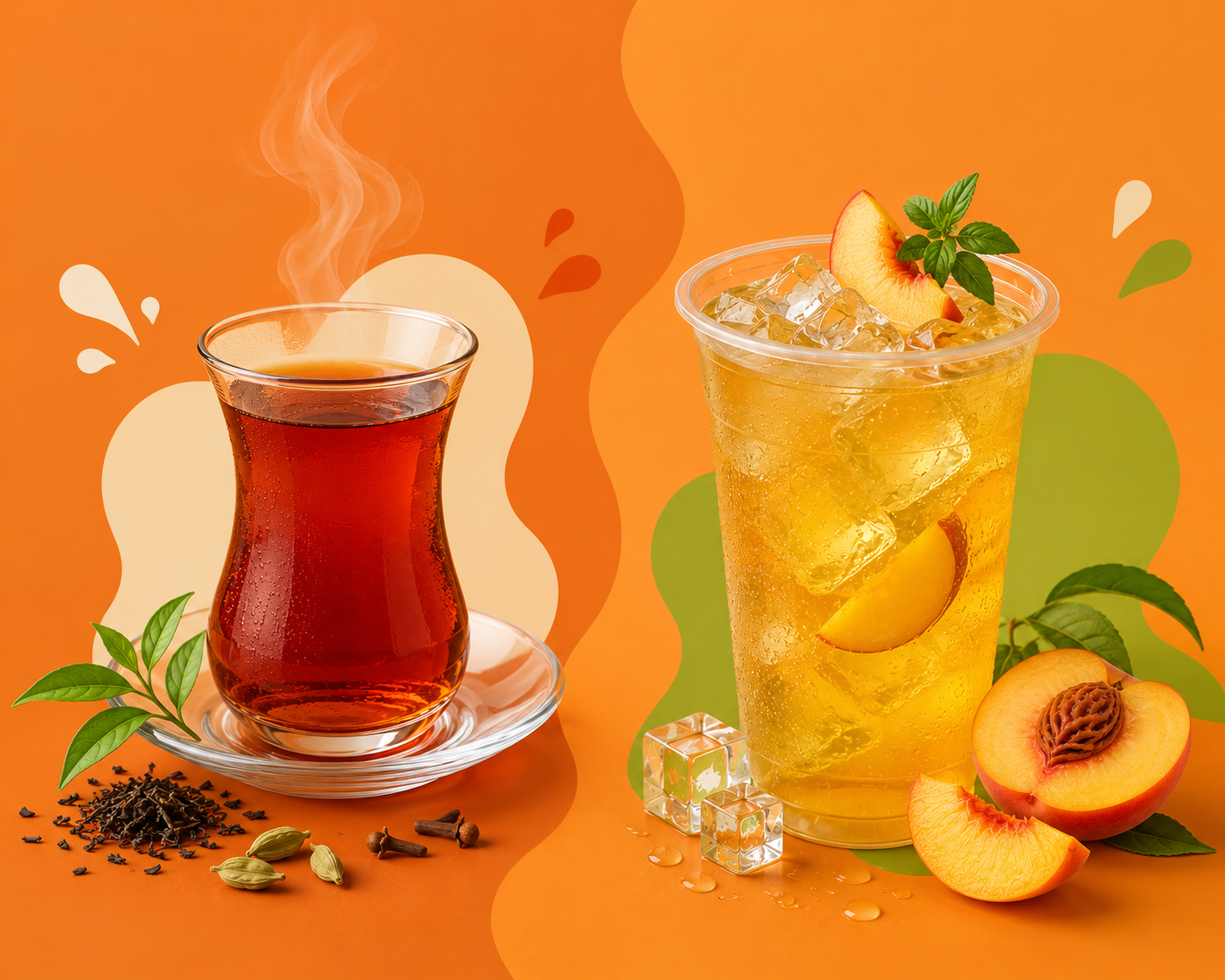 Mello tea served hot, steeped in a glass, next to the same flavour served ice cold over ice